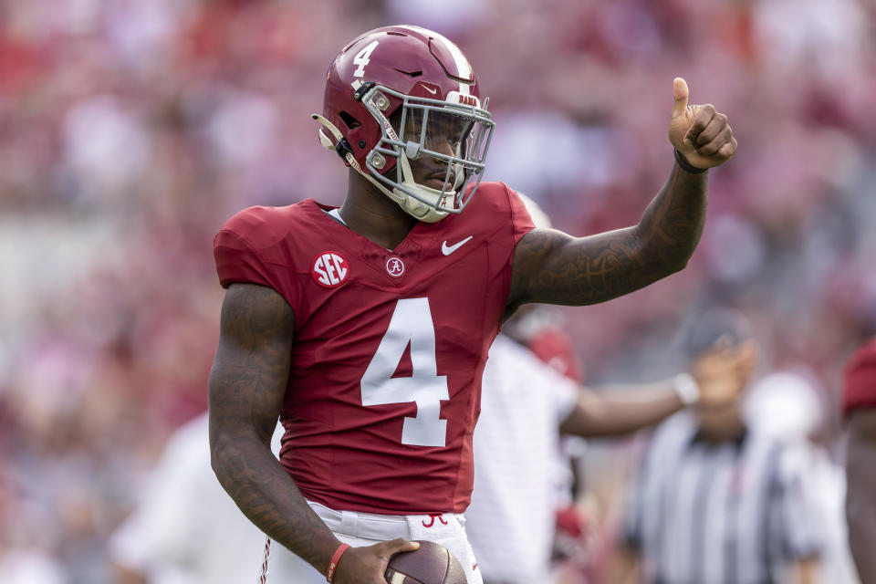 Alabama quarterback Jalen Milroe warms up for the team's NCAA college football game against Middle Tennessee, Saturday, Sept. 2, 2023, in Tuscaloosa, Ala. (AP Photo/Vasha Hunt)