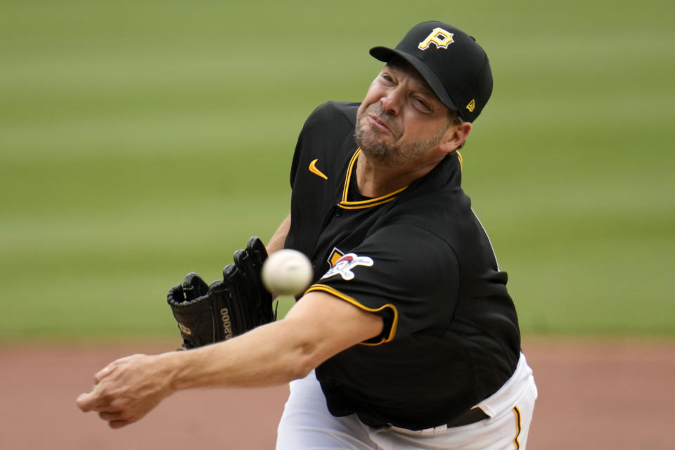 Pittsburgh Pirates starting pitcher Rich Hill delivers during the second inning of the team's baseball game against the Chicago White Sox in Pittsburgh, Friday, April 7, 2023. (AP Photo/Gene J. Puskar)