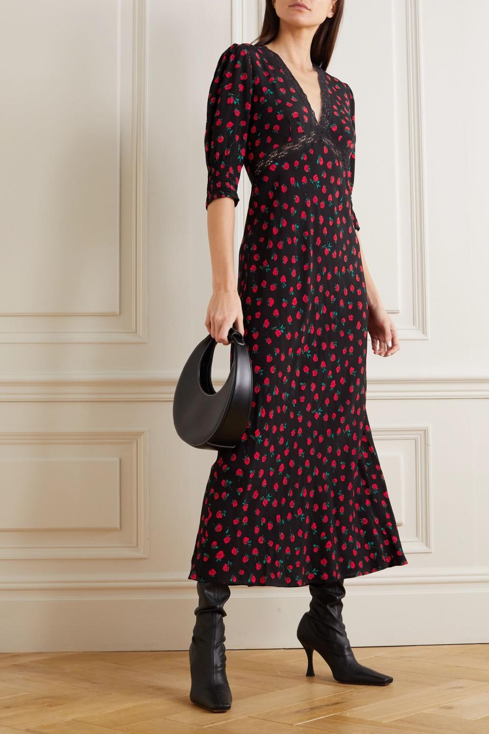 25) Gemma lace-trimmed floral-print crepe midi dress