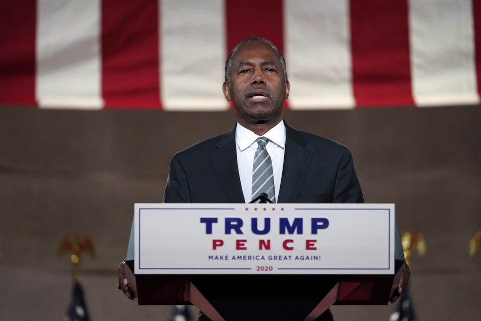 Housing and Urban Development Secretary Ben Carson speaks on the fourth day of the Republican National Convention from the Andrew W. Mellon Auditorium in Washington, Thursday, Aug. 27, 2020. (AP Photo/Susan Walsh)