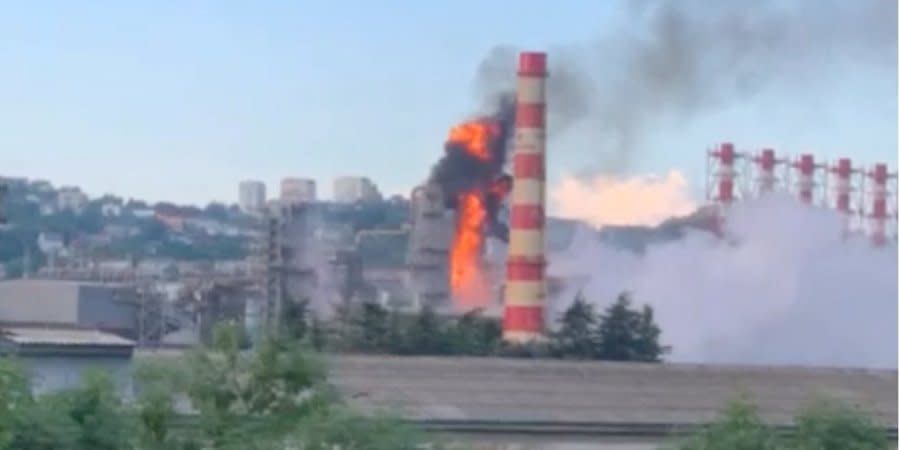 Smoke and flames over Tuapse oil refinery, Krasnodar Krai, Russia, May 17, 2024