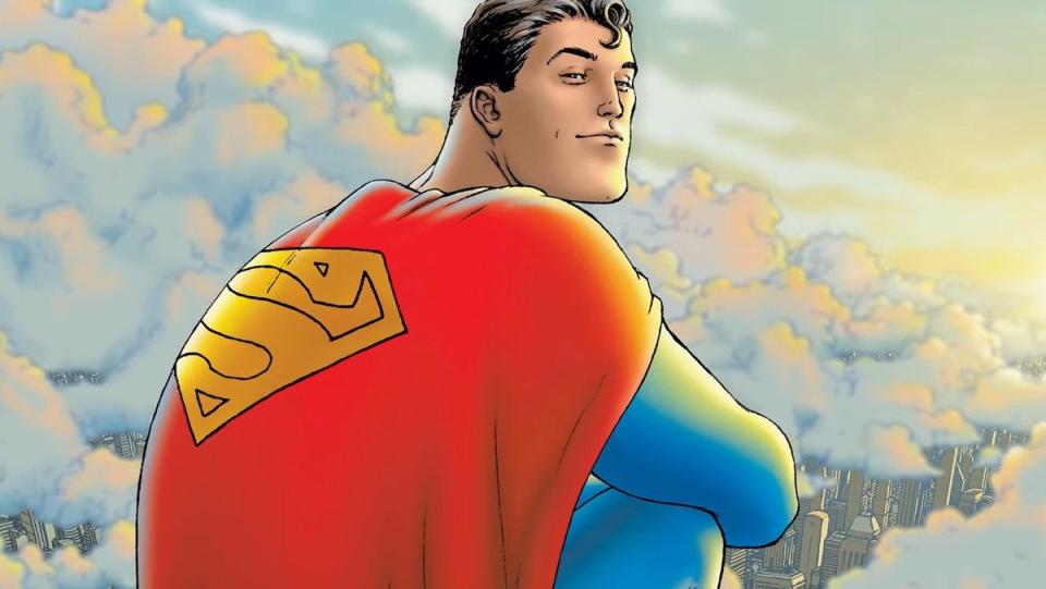An illustrated Superman sits above the trees and looks over his shoulders