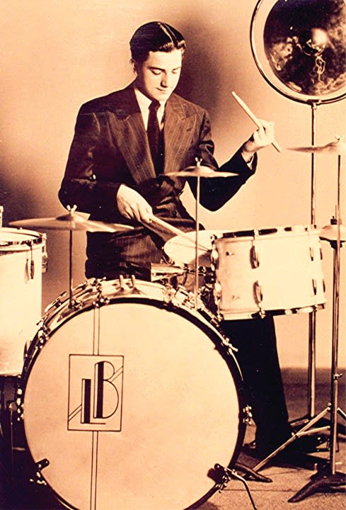 Bellson pictured in 1941, as a Moline High student, the year he won the national Gene Krupa drum competition in New York City, out of 40,000 contestants.