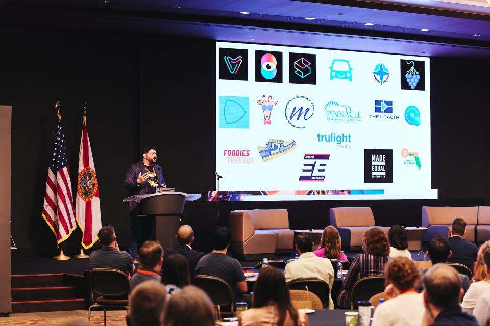 Eddie Gonzalez Loumiet, president of Ruvos, talks to crowd during Launch Tallahassee Conference on March 23, 2022, at Florida State’s Turnbull Center.