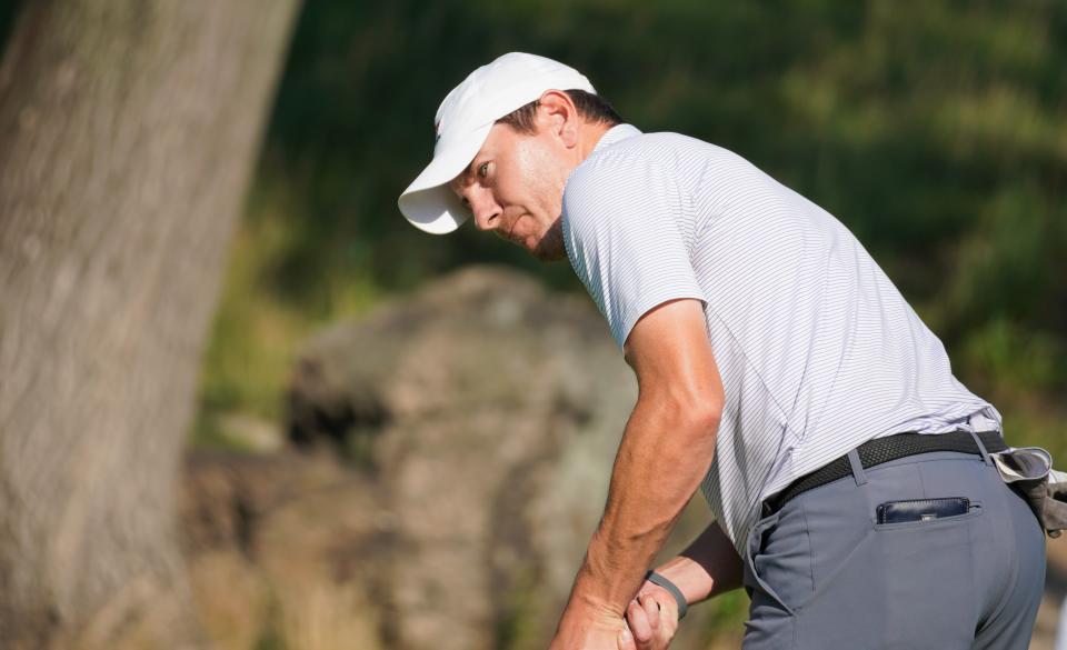 Oak Hill member Kyle Downey stares down a birdie putt on the 17th green at Wykagyl Country Club that narrowly missed the cup. The 33-year-old former college basketball player at Siena went on to win the 100th New York State Amateur by two shots on August 9, 2023.