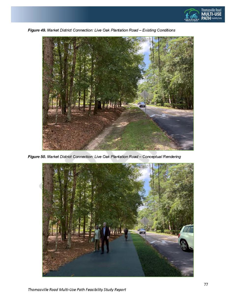 A before and after photo/rendering that shows a stretch along Live Oak Plantation Road.