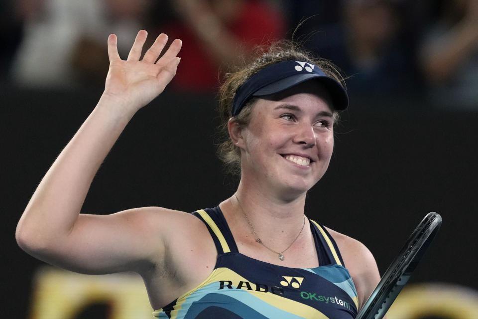 Linda Noskova of the Czech Republic celebrates after defeating Iga Swiatek of Poland in their third round match at the Australian Open tennis championships at Melbourne Park, Melbourne, Australia, Saturday, Jan. 20, 2024. (AP Photo/Andy Wong)