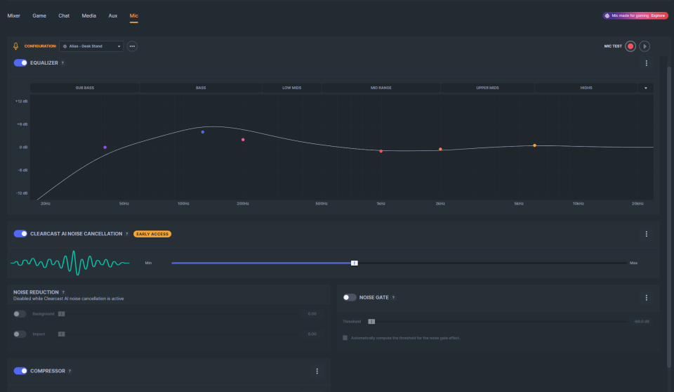 SteelSeries Sonar software, equaliser, compressor and noise-suppression