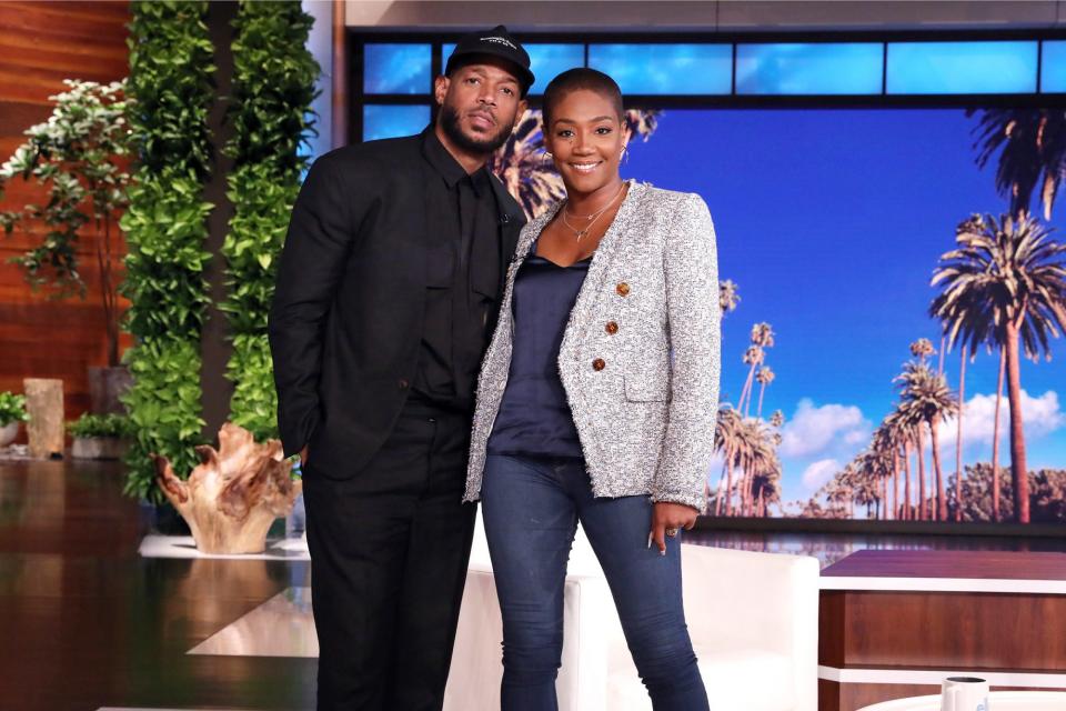 <p>Guest host Tiffany Haddish welcomes longtime friend and actor Marlon Wayans on Monday's taping of <em>The Ellen DeGeneres Show</em> in Burbank, California.</p>