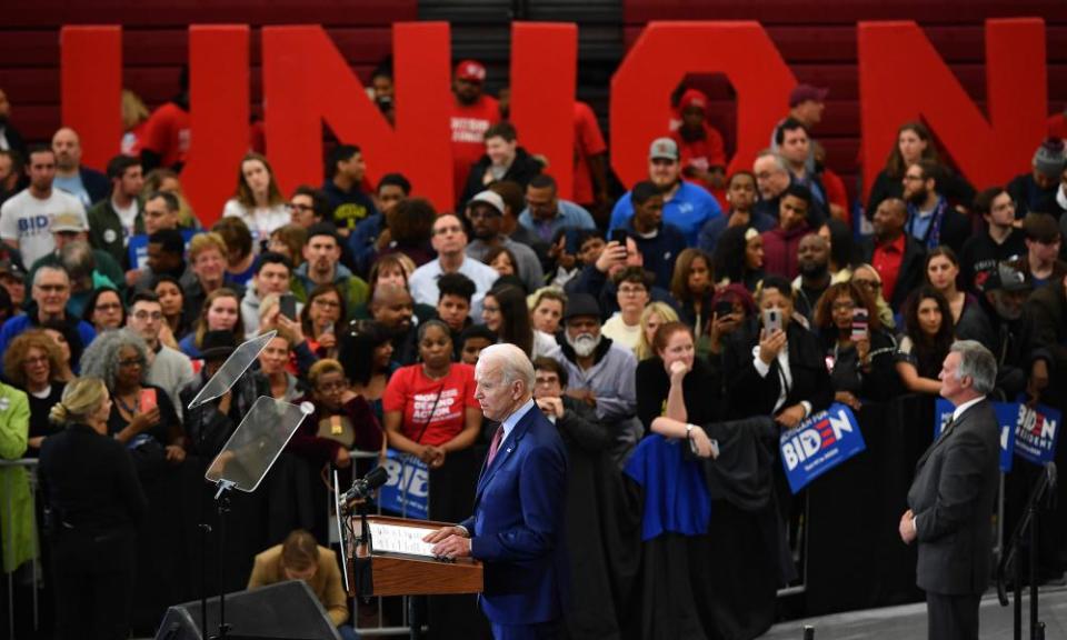 Joe Biden speaks during a campaign rally in Detroit, Michigan, on 9 March.