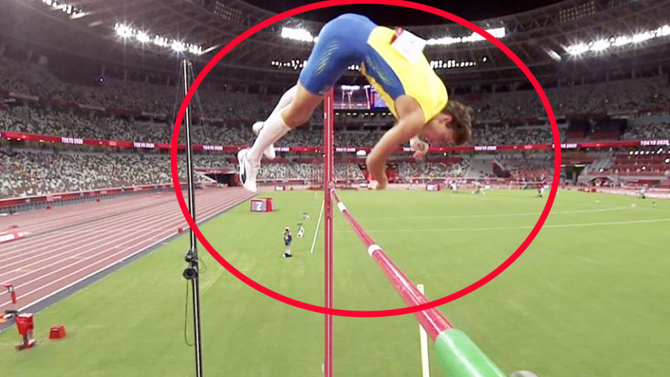 Mondo Duplantis, pictured here clearing the bar by an absurd margin on his gold medal-winning jump.