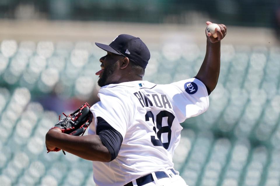 Tigers starting pitcher Michael Pineda throws during the first inning in the first game of a doubleheader against the Pirates, Wednesday, May 4, 2022, in Detroit.