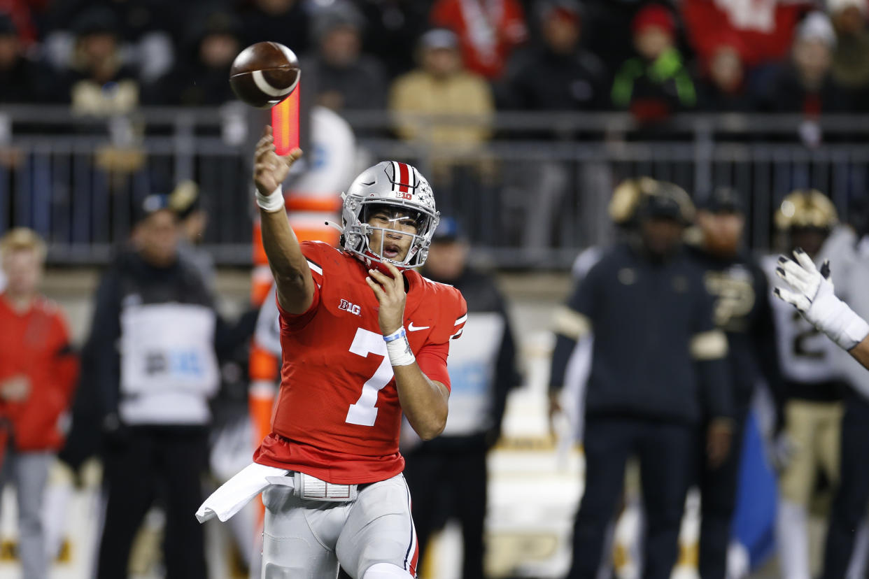 Ohio State quarterback C.J. Stroud plays against Purdue during an NCAA college football game Saturday, Nov. 13, 2021, in Columbus, Ohio. (AP Photo/Jay LaPrete)