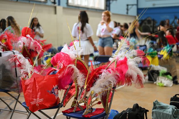 Costumes are laid out for the Paraiso School of Samba Passistas. (Photo: Clara Watt for HuffPost)
