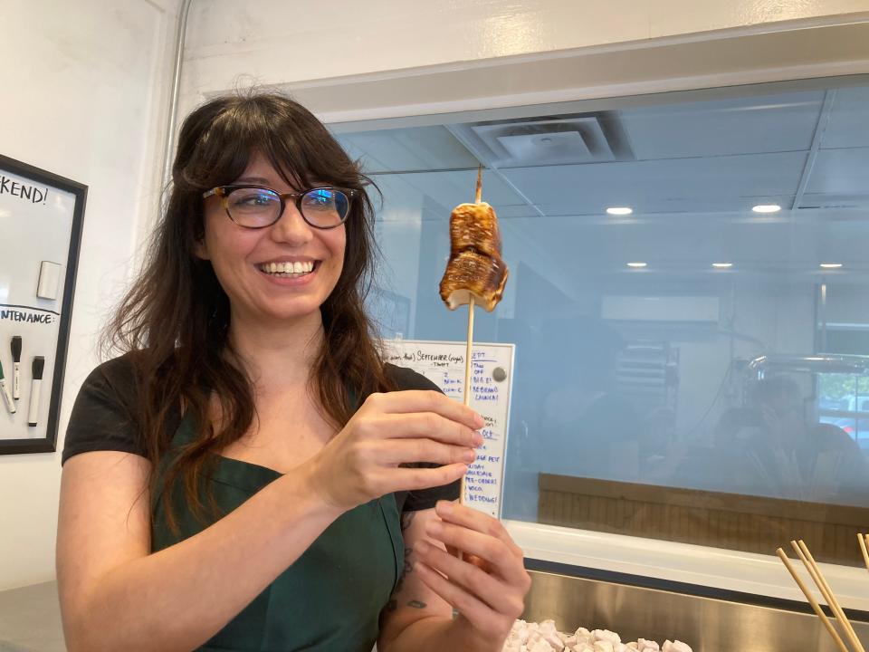 Alexx Shuman displays roasted marshmallows Sept. 1, 2023 at her South Burlington business, The Vermont Marshmallow Co.