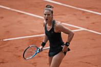 Maria Sakkari of Greece reacts as she plays Poland's Iga Swiątek during their quarterfinal match of the French Open tennis tournament at the Roland Garros stadium Wednesday, June 9, 2021 in Paris. (AP Photo/Thibault Camus)