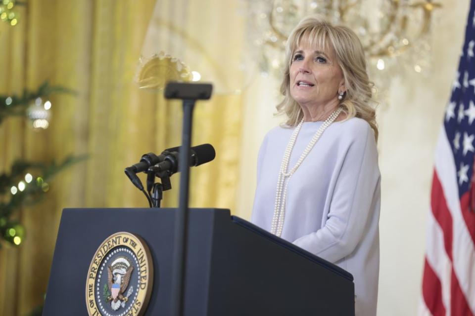 Jill Biden speaks at the Menorah lighting in the East Room of the White House. - Credit: Sipa USA via AP