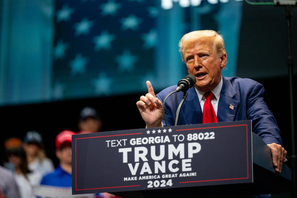 SAVANNAH, GEORGIA - SEPTEMBER 24: Republican presidential nominee, former U.S. President Donald Trump speaks at a campaign rally at the Johnny Mercer Theatre on September 24, 2024 in Savannah, Georgia. The former president spoke to attendees on various plans including the tax code, U.S. manufacturing, and future economic opportunities if reelected a second term. Trump continues campaigning around the country ahead of the November 5 presidential election.  (Photo by Brandon Bell/Getty Images)