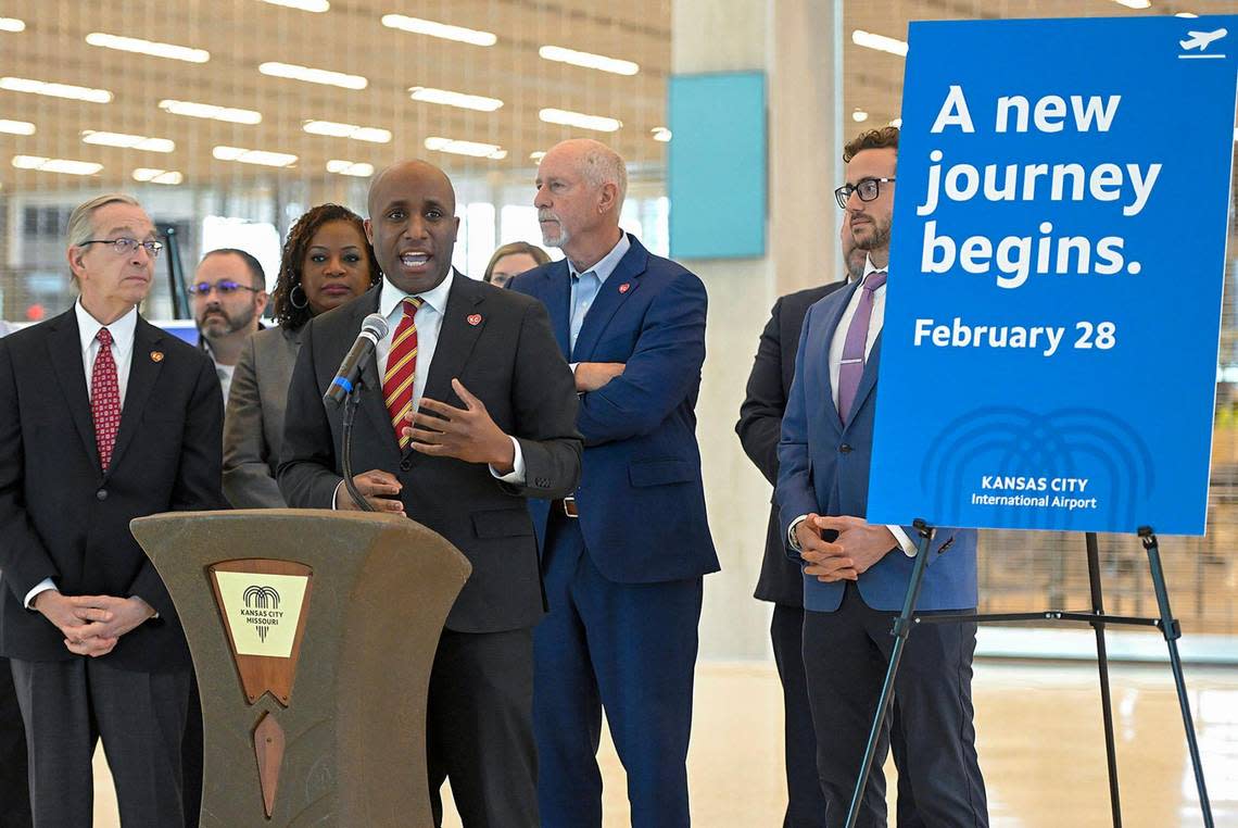 Mayor Quinton Lucas, center, announced the much-anticipated opening day as Feb. 28, 2023, for the Kansas City International Airport’s new $1.5 billion single terminal on Monday, Jan. 30, 2023. The new, single-terminal will replace the three-terminal airport that opened in 1972.