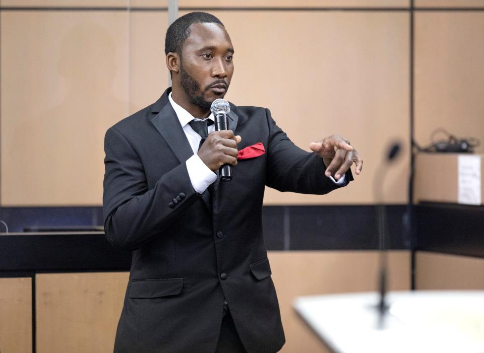 Darryl Rudolph,Travis Rudolph's brother, describes the altercation outside his mother's home as he testifies during the "stand your ground" hearing for Travis Tuesday, March 8, 2022 in West Palm Beach. Rudolph, 26, is charged with one count of first-degree murder and three counts of attempted first-degree murder in connection with a shooting that killed Sebastien Jean-Jacques. The onetime Cardinal Newman and FSU football player has asked the court to dismiss the case, invoking the Florida law.