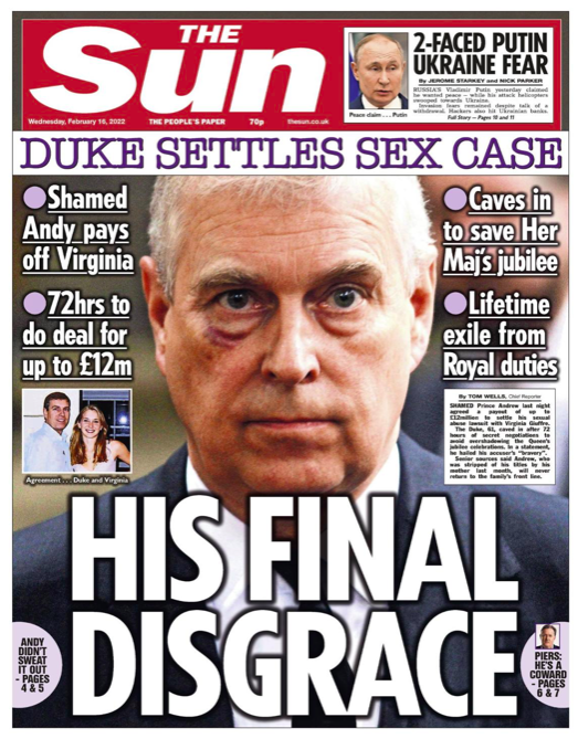 The Sun headline with 'His final disgrace'. (Twitter)