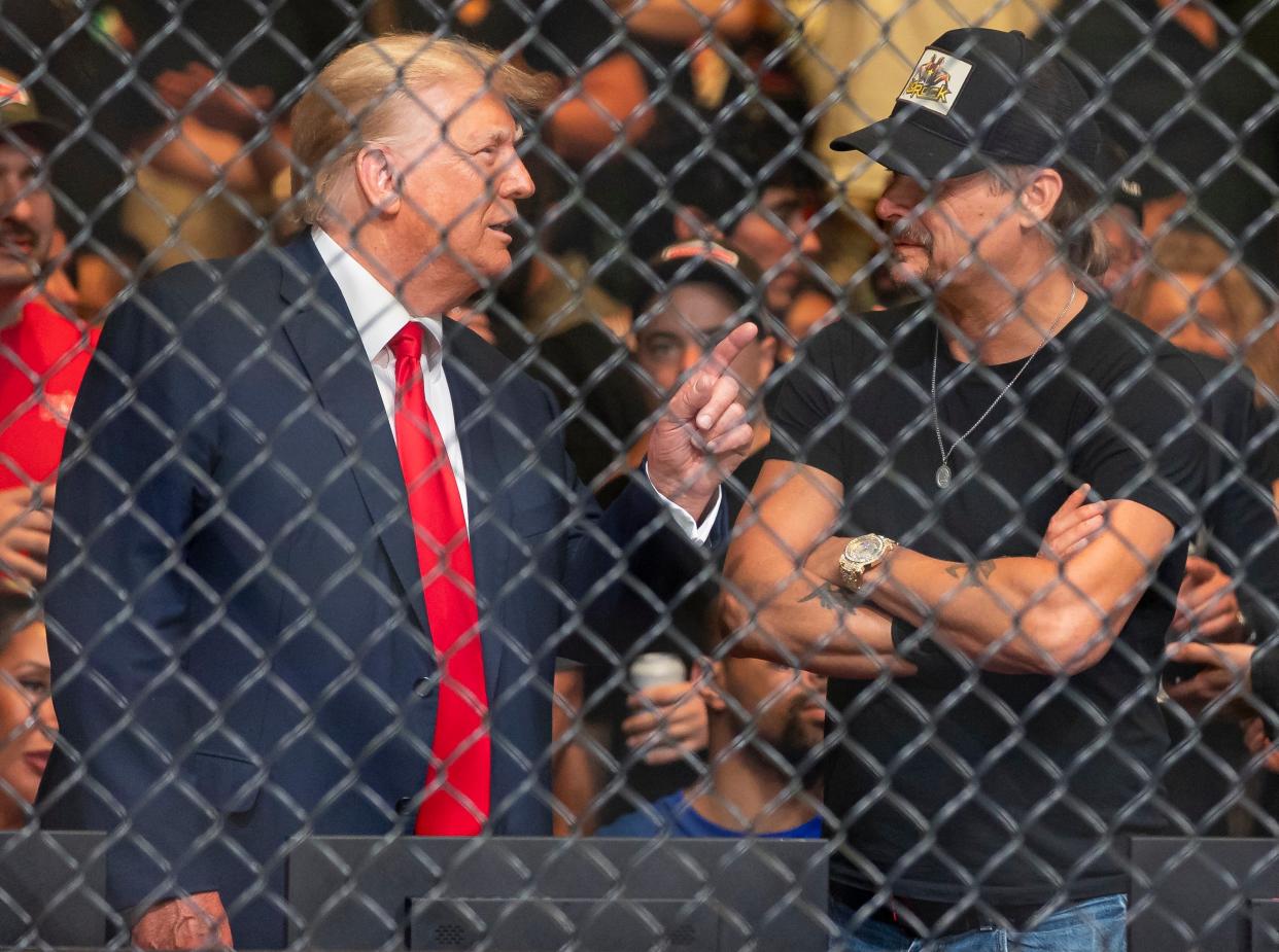 Former President Donald Trump and Kid Rock attend UFC 287 at the Kaseya Center on Saturday, April 8, 2023, in downtown Miami. (AP)