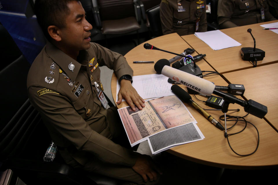 Immigration chief Maj-Gen Surachate Hakparn addresses media at Suvarnabhumi Airport where the 18-year-old Saudi woman has barricaded herself inside a hotel room (Picture: Reuters)