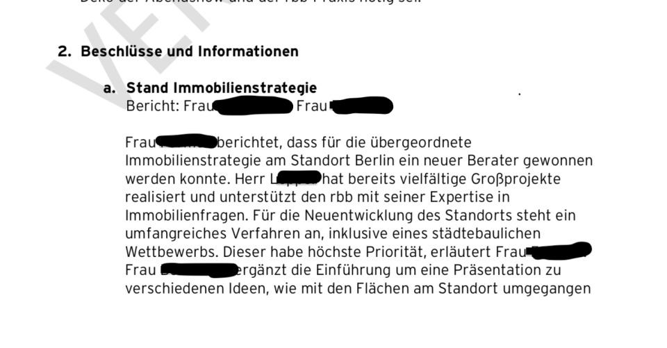 Ausriss aus dem Protokoll einer RBB-Leitungssitzung im Mai 2019