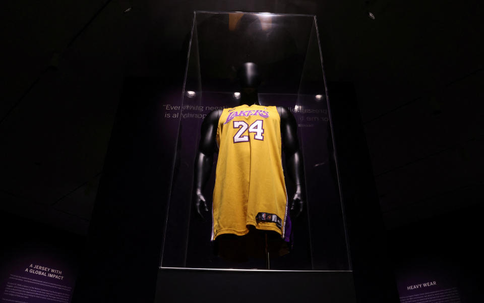 A view shows a game-worn and signed Los Angeles Lakers Kobe Bryant number 24 jersey that the late legendary basketball player wore during his MVP 2007-2008 NBA season, and was featured in an image of Bryant later turned into murals globally, during a press preview ahead of it’s February 2-9, 2023 auction at Sotheby’s in New York City, New York, U.S., February 1, 2023. REUTERS/Mike Segar