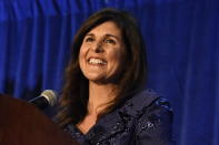 Former U.N. Ambassador Nikki Haley, a potential 2024 presidential contender and former South Carolina governor, speaks at a fundraiser hosted by The Citadel Republican Society after receiving the group's highest honor, the Nathan Hale Patriot Award, on Thursday, Dec. 2, 2021, in Charleston, S.C. (AP Photo/Meg Kinnard)