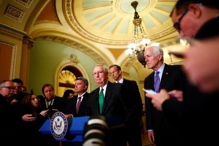 Senate Majority Leader Mitch McConnell speaks to reporters following a policy luncheon on Capitol Hill in Washington, U.S. October 17, 2017. REUTERS/Eric Thayer