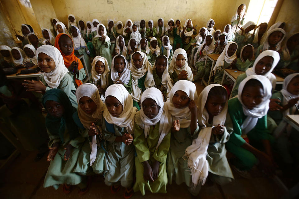 <p>Sudanese girls sit in a classroom at the El-Riyadh camp for Internally Displaced Persons (IDP) in Geneina, the capital of the state of Sudan’s West Darfur, on Feb. 8, 2017. (Photo: Ashraf Shazly/AFP/Getty Images) </p>