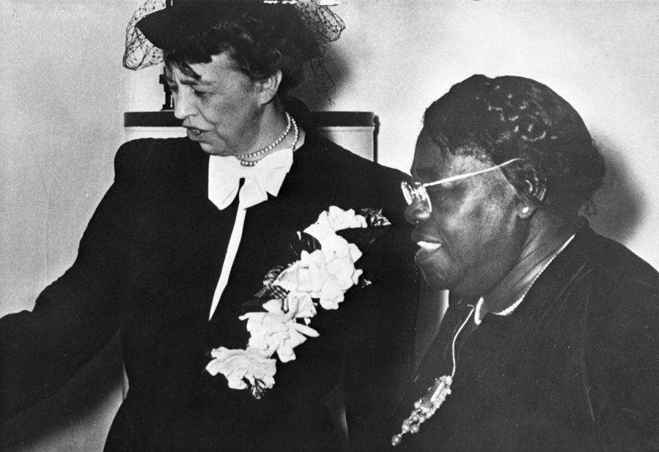 In a photo dated 1937, first lady Eleanor Roosevelt chats with Mary McLeod Bethune. From the Florida Photographic Print Collection at the State Archives of Florida.