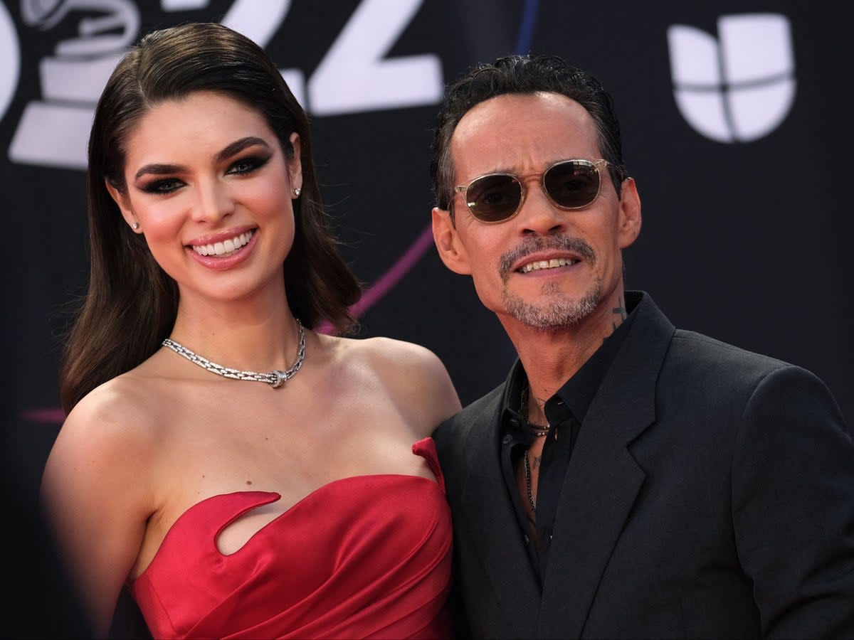 Marc Anthony and Paraguayan model Nadia Ferreira arrive for the 23rd Annual Latin Grammy awards at the Mandalay Bay’s Michelob Ultra Arena in Las Vegas, Nevada, on November 17, 2022 (AFP via Getty Images)