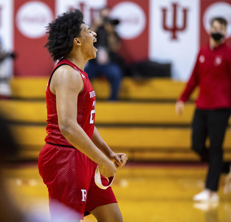 Rutgers guard Ron Harper Jr. (24) reacts to his team's defeat of Indiana in an NCAA college basketball game, Sunday, Jan. 24, 2021, in Bloomington, Ind. (AP Photo/Doug McSchooler)