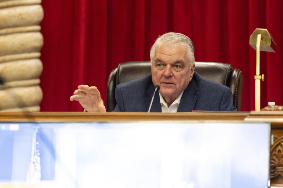 Gov. Steve Sisolak speaks during a pardons board meeting at the Nevada Supreme Court in Las Vegas, Tuesday, Dec. 20, 2022. Sisolak said Tuesday that he hoped his failed proposal to clear the state's death row starts a “necessary conversation” about capital punishment as state lawmakers head into their next legislative session in February. (Erik Verduzco/Las Vegas Review-Journal via AP)