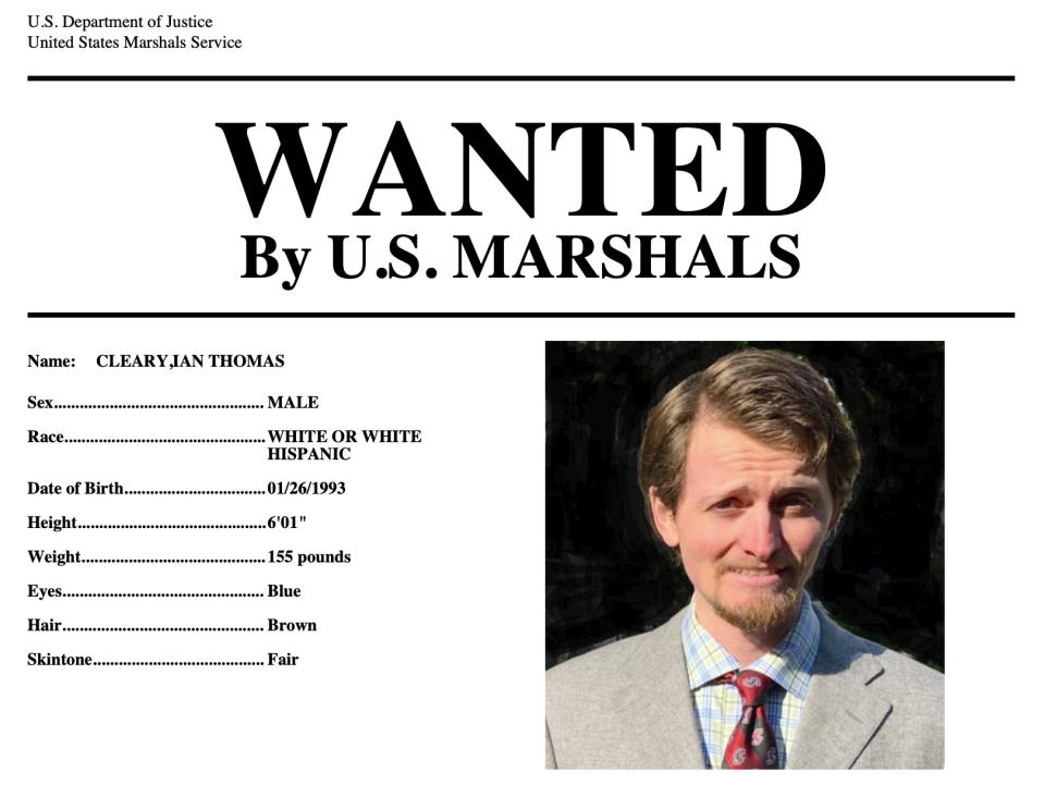 This wanted poster provided by the U.S. Marshals shows Ian Cleary, of Saratoga, Calif. U.S. marshals have been leading the two-year search for Cleary since prosecutors charged him with sexually assaulting a young woman in 2013 at Gettysburg College. Her lawyer wonders how he has eluded capture at a time when people are constantly tracked by their digital footprints. Cleary remains on the run in 2023. (U.S. Marshals via AP)