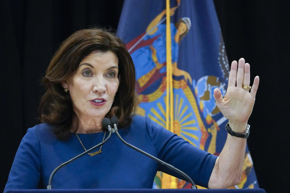 FILE - New York Gov. Kathy Hochul speaks at an event, Friday, Dec. 10, 2021, in New York. Hochul on Monday, Dec. 20, 2021, expressed confidence she can reach a deal involving hundreds of millions of dollars in public funding to build a new stadium for the Buffalo Bills in time to be included on the state’s budget due in April. (AP Photo/Mary Altaffer, File)