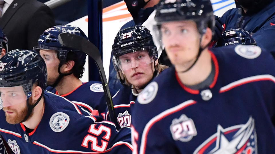 COLUMBUS, OH - FEBRUARY 8: Patrik Laine #29 of the Columbus Blue Jackets sits on the bench in the third period of a game against the Carolina Hurricanes on February 8, 2021 at Nationwide Arena in Columbus, Ohio.  (Photo by Jamie Sabau/NHLI via Getty Images)