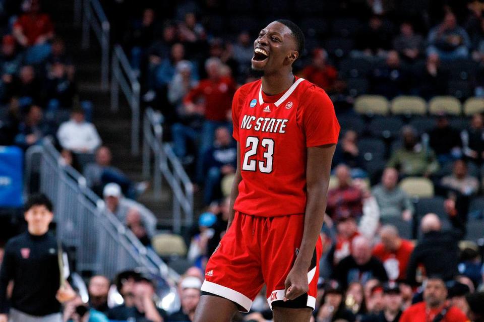 N.C. State’s Mohamed Diarra reacts after dunking the ball during the second half of the Wolfpack’s 80-67 win over Texas Tech in first round of the NCAA Tournament on Thursday, March 21, 2024, at PPG Paints Arena in Pittsburgh, Pa.