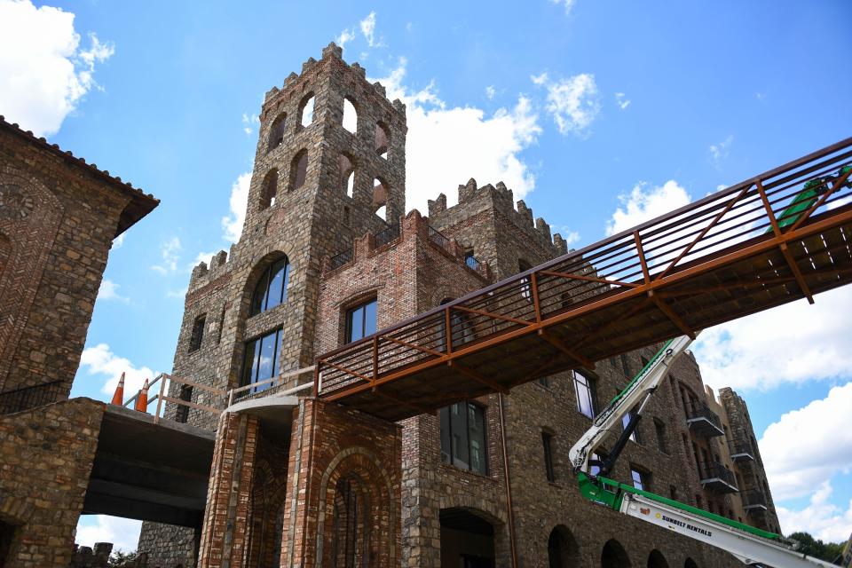 European-inspired castle architecture makes up much of Mauldin's new BridgeWay Station, located along I-385, seen during a tour on Wednesday, Aug. 16, 2023.