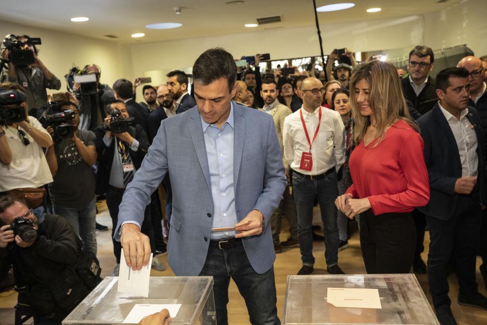 Spanish Prime Minister and Socialist Party candidate Pedro Sanchez casts his vote inside a polling station during Spain's general election in Pozuelo de Alarcon, outskirts of Madrid, Sunday, April 28, 2019. An uncertain outcome and the likelihood of the far right erupting into Spain's Parliament looms over national elections on Sunday, when nearly 37 million Spaniards are called to cast ballots in the most highly polarized election in decades. (AP Photo/Bernat Armangue)