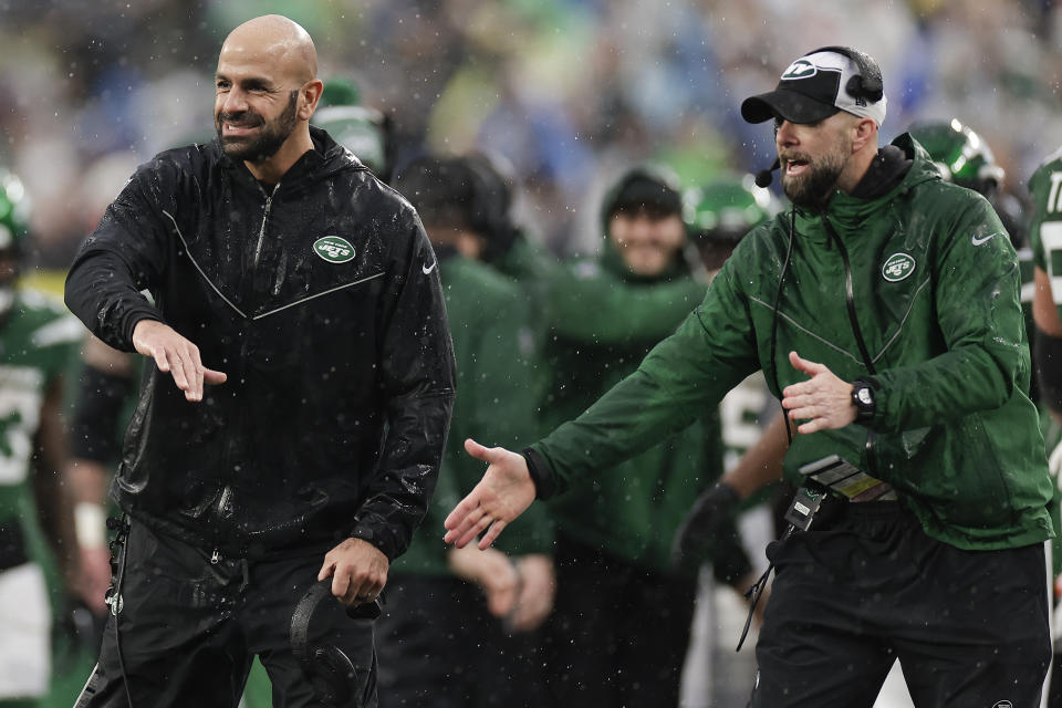 New York Jets head coach Robert Saleh reacts after a touchdown against the Houston Texans during the third quarter of an NFL football game, Sunday, Dec. 10, 2023, in East Rutherford, N.J. (AP Photo/Adam Hunger)