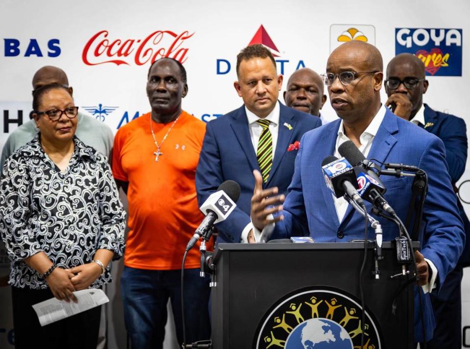 South Florida Caribbean Strong Organizer, Marlon Hill, opens up a press conference where Caribbean diaspora leaders respond to Hurricane Beryl and coordinate recovery efforts in South Florida to help their homelands at the Global Empowerment Mission HQ at 1850 NW and 84th Ave. on Tuesday, July 2, 2024 in Doral, Fla.