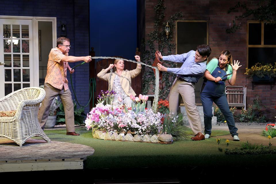 "Native Gardens," a new comedy, asks the question, “Do good fences make good neighbors?” The Playhouse production features (left to right) Greg Blumhagen, Cate Miller, Javier Anselmo, and Gabriela Fuentes.
