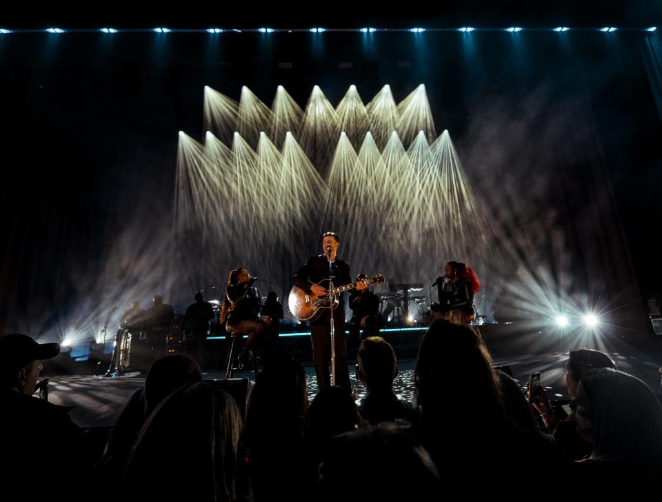 Justin Timberlake played guitar with his band, The Tennessee Kids, during one of the quieter moments during his free Jan. 19 "hometown" concert at the Orpheum in Memphis.