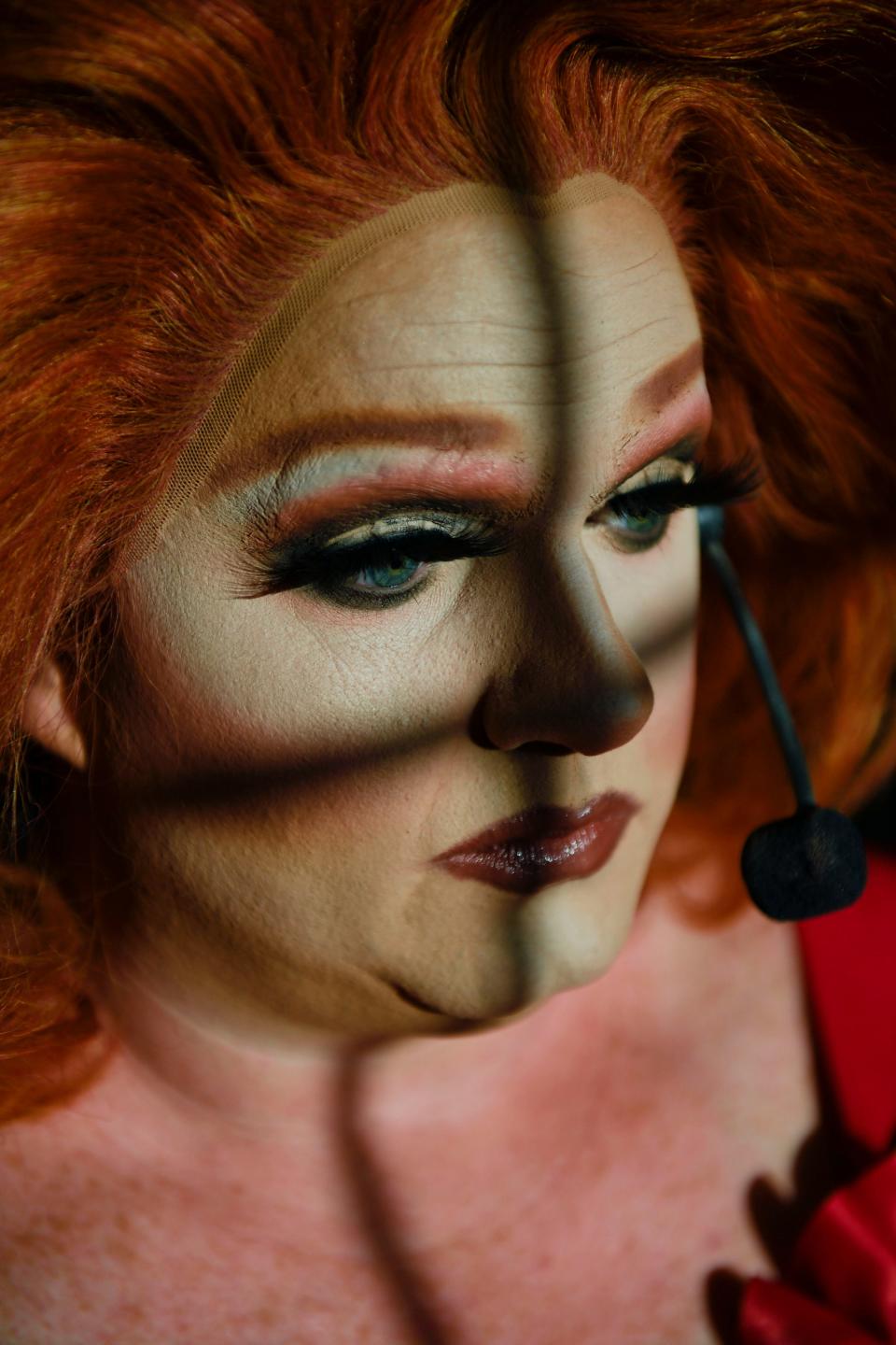 Drag performer Clay "Delighted Tobehere" Smith sits for a portrait in the dressing room while waiting to go on stage at the Hendersonville Theatre in Hendersonville, N.C., on Friday, June 23, 2023. Smith wrote an autobiographical, theatrical comedy drag show during the COVID-19 pandemic honoring the 20th year performing in drag.  