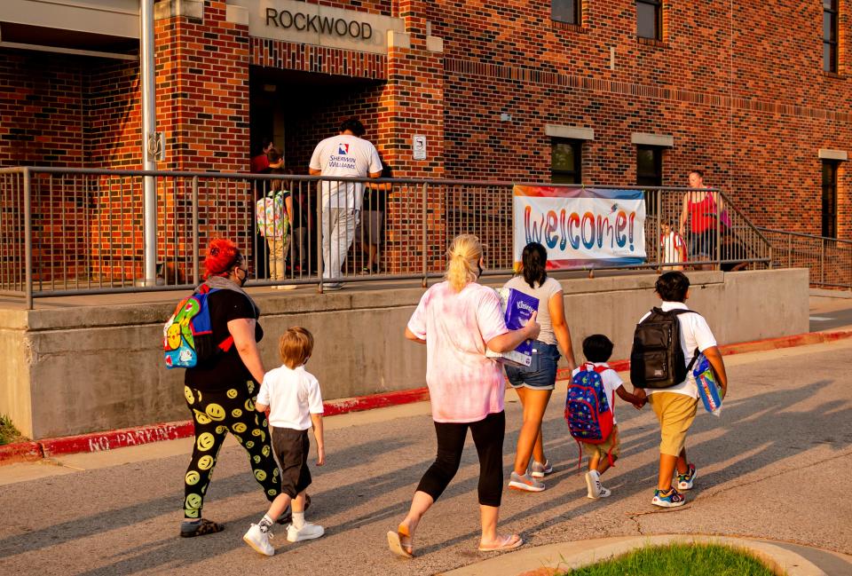 Students arrive with their parents to Rockwood Elementary for Oklahoma City Public SchoolÕs first day of class on Monday, Aug. 9, 2021, in Oklahoma City, Okla. 