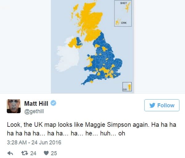  “¡Miren: el mapa de Reino Unido se parece a Maggie Simpson otra vez!”.