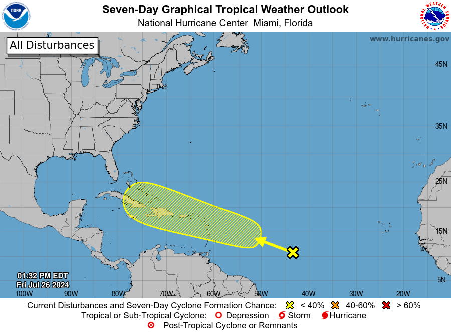 The colored area on the National Hurricane's Center tropical outlook map indicates the area where a tropical cyclone could develop.